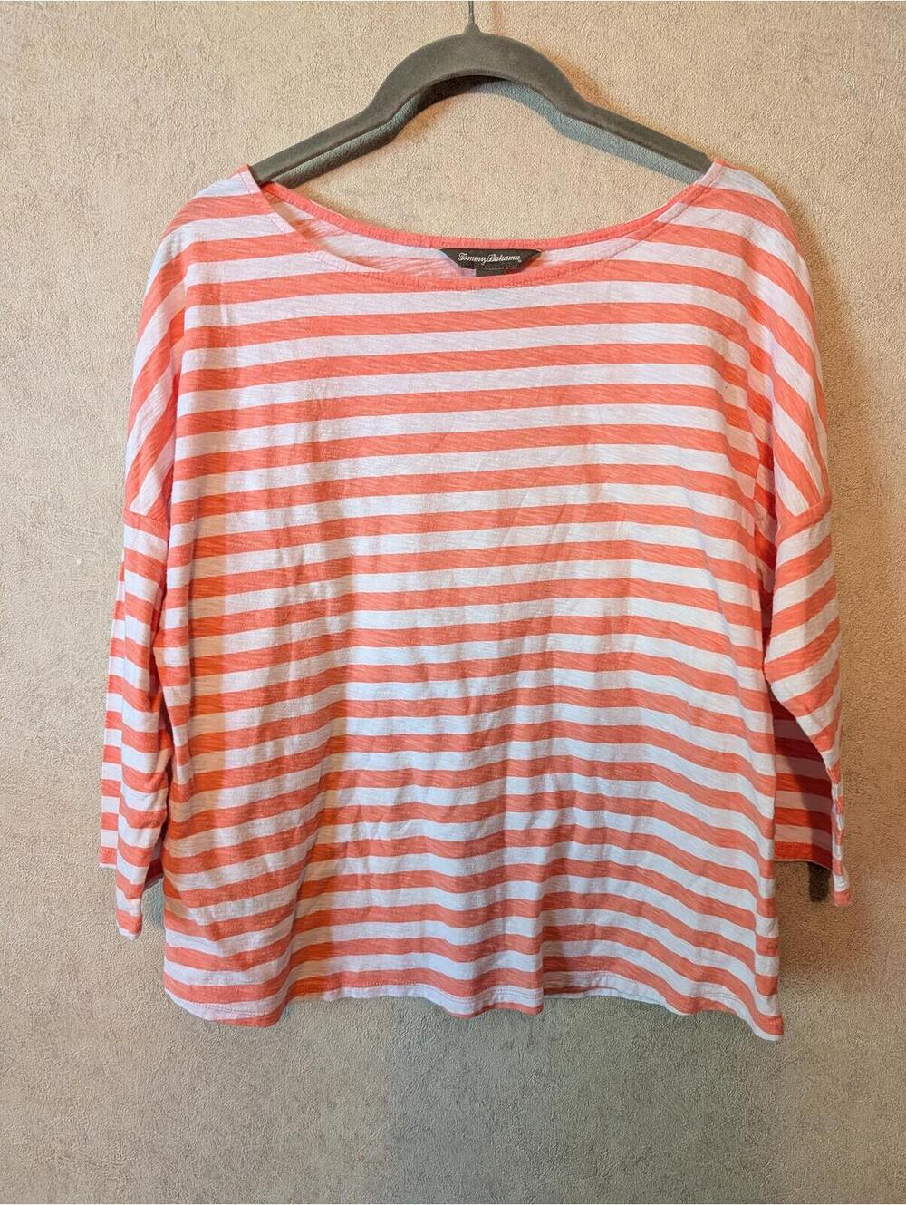 TOMMY BAHAMA pink white stripe cotton tee sz L